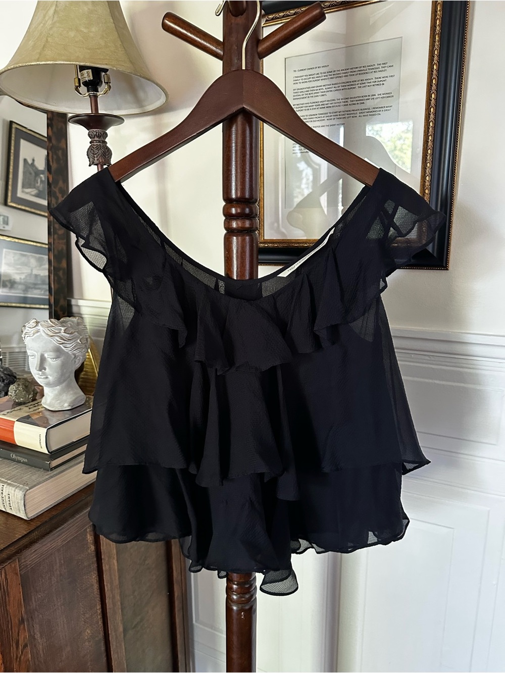 Twelfth Street by Cynthia Vincent Black Ruffle Off-Shoulder Blouse 100% Silk